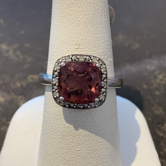 Sterling Silver Synthetic Rhodolite Garnet & Diamond Halo Ring. Size 6.25 - Picture 1 of 4